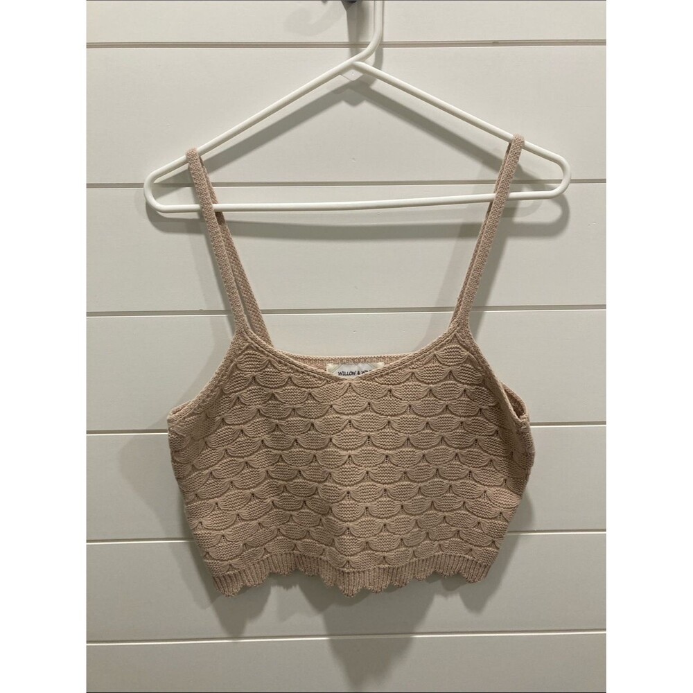 Willow & Wind Boho Knit Scalloped Crop Top Cami Beige Tan Size Large-EUC